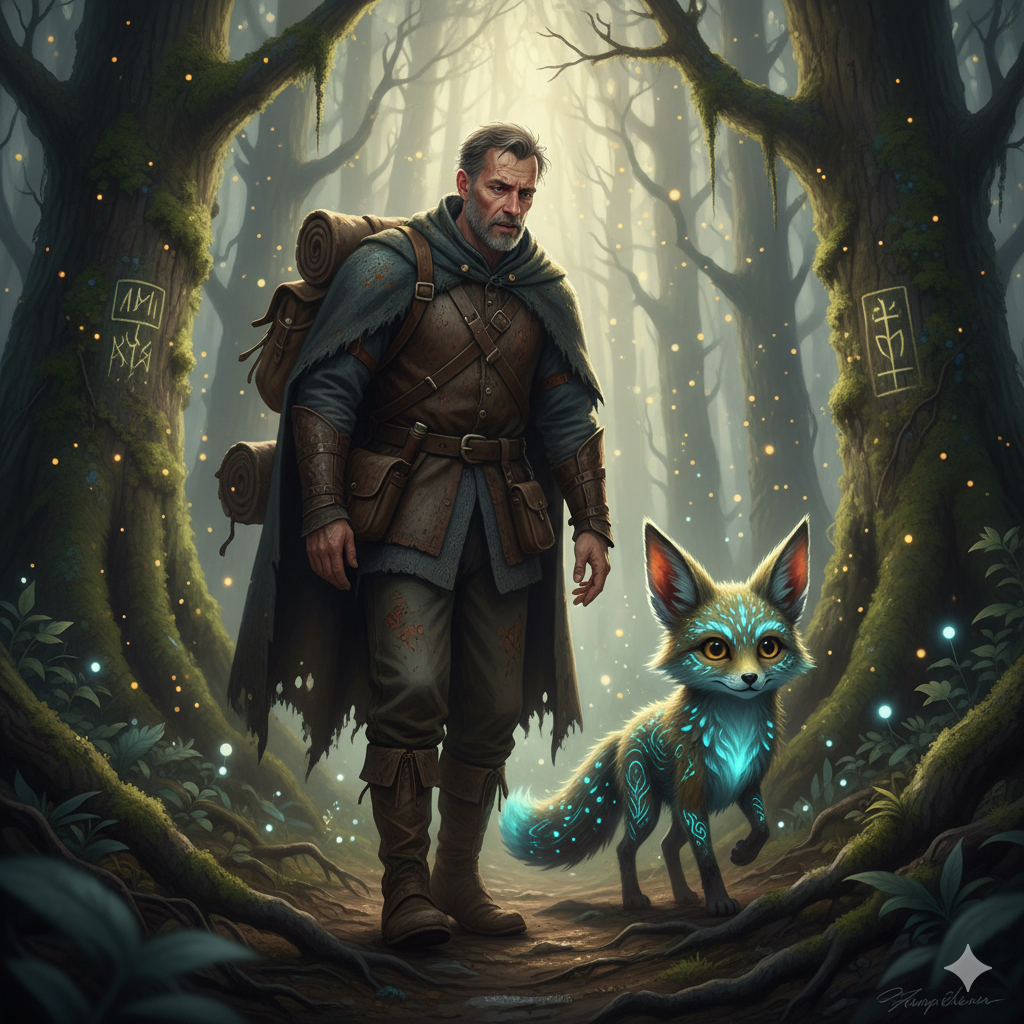 A weathered traveler and a luminous fox-like companion walking through a rune-marked, misty forest.