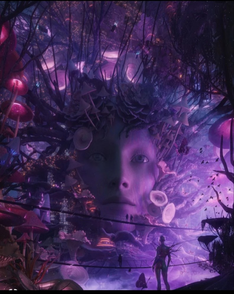 Mother - A colossal face looming in purple twilight, with a small figure standing before it in a mystical forest